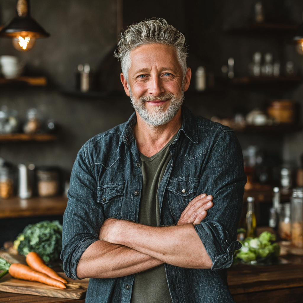 Confident man in his 50s with grey hair wearing casual shirt, standing in bright kitchen environment with healthy food ingredients visible on counter