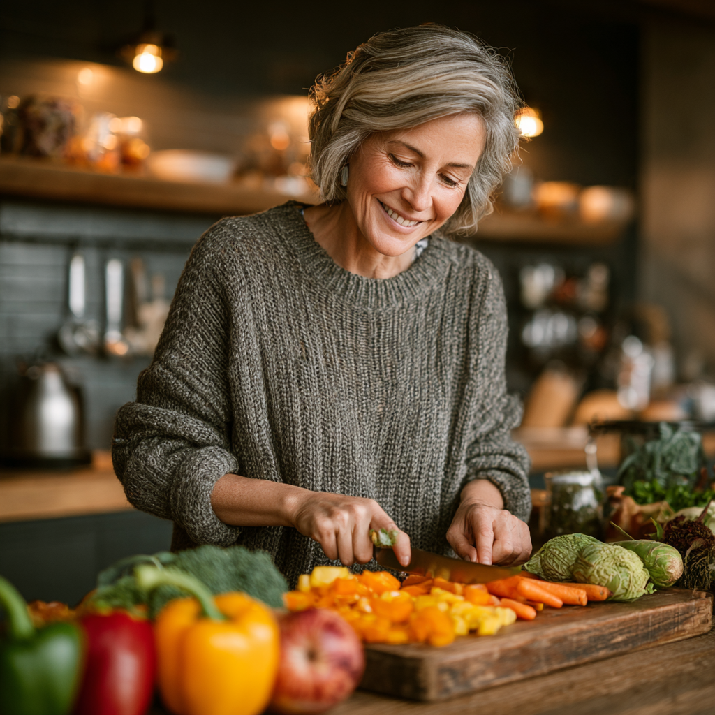 Mature woman in her 40s preparing healthy meal in modern kitchen, smiling while organizing colorful vegetables and fruits on wooden cutting board